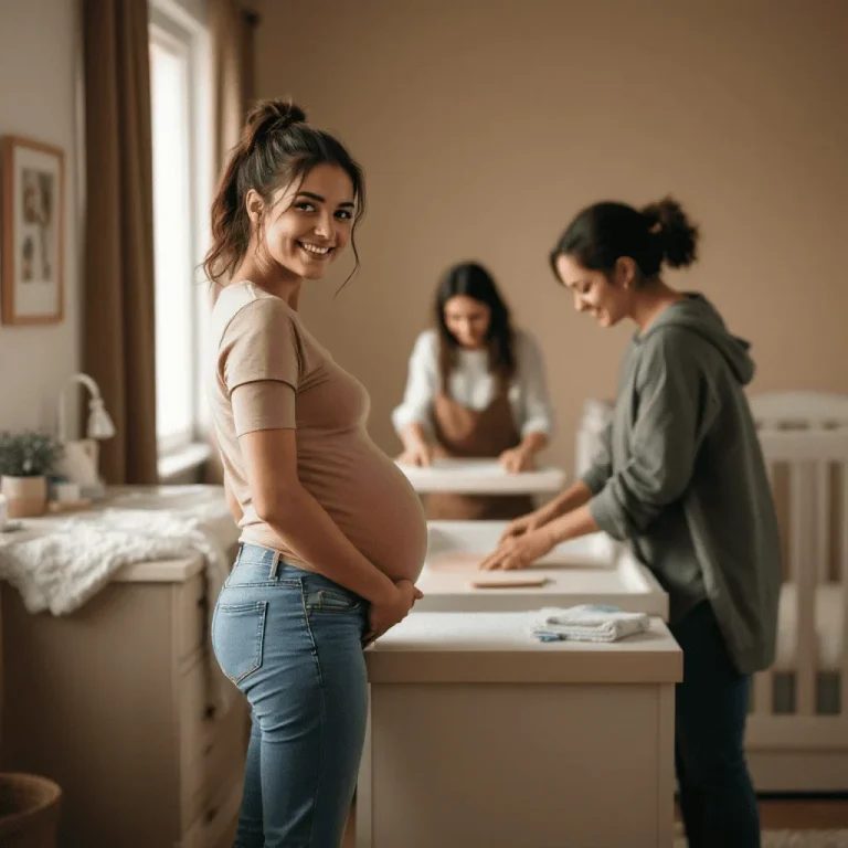 Schwangere Frau lächelt, während zwei Frauen im Hintergrund die Wickelkomode einräumen.
