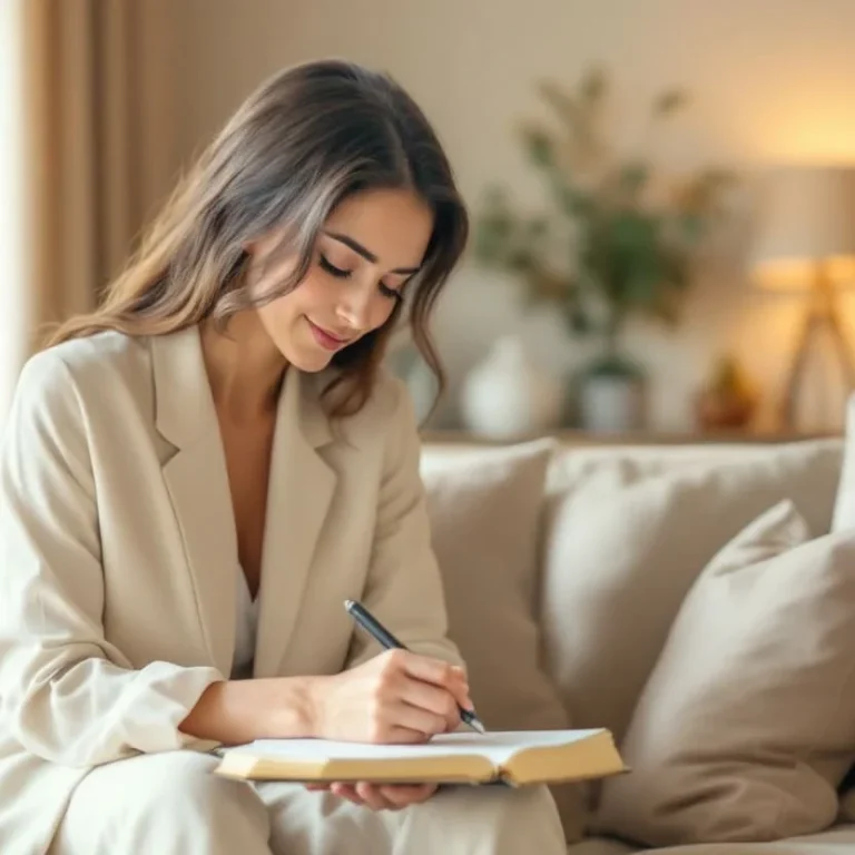 Junge Frau schreibt in ein Notizbuch auf einer Couch in einem gemütlichen Raum.
