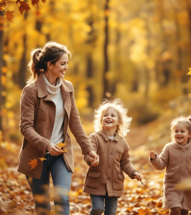 Eine Frau läuft mit zwei lächelnden Mädchen durch einen herbstlichen Wald.