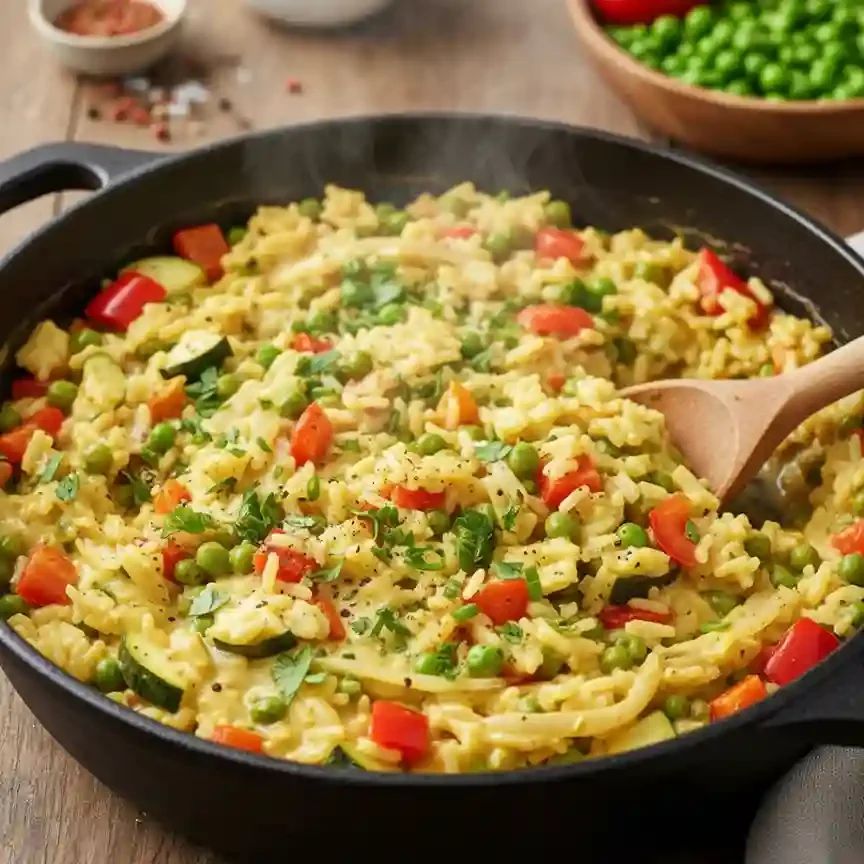Gemüse-Pfanne mit Reis, Hähnchen, Erbsen und Paprika in einer schwarzen Pfanne.