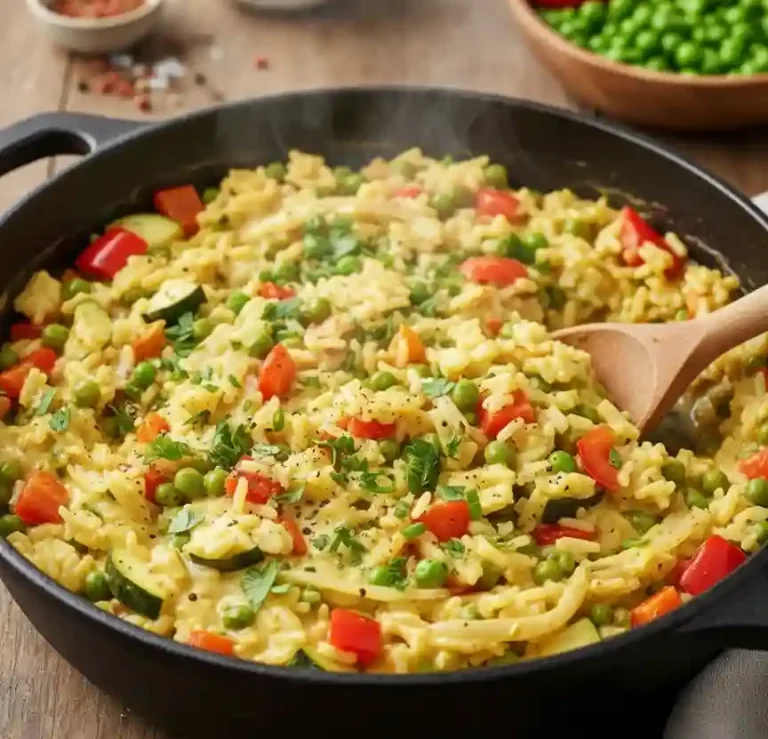 Bunte Risotto-Pfanne mit Gemüse, Erbsen und roten Paprika, dampfend heiß.