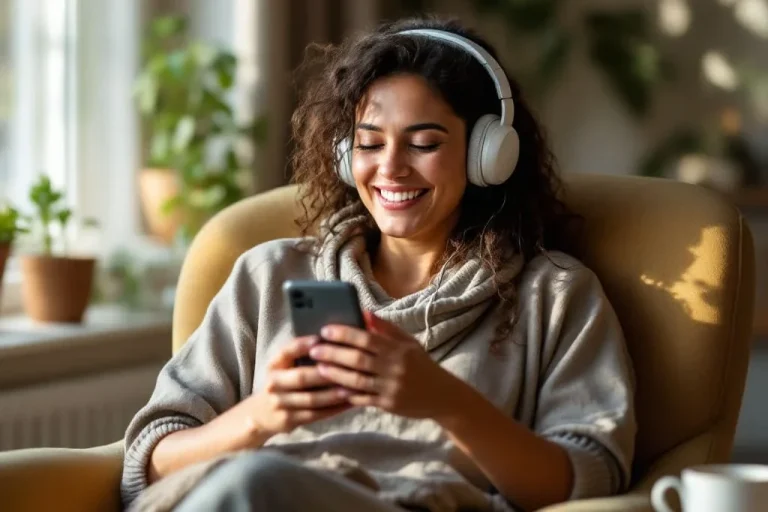 Digitale Balance als Mama Junge Frau mit Kopfhörern lächelt, während sie auf ihrem Smartphone tippt.