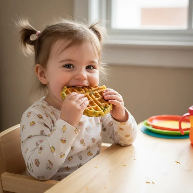 Ein Kleinkind sitzt an einem Tisch und beißt in eine Waffel.