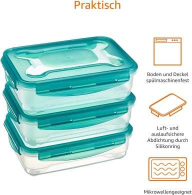 Drei stapelbare, transparente Aufbewahrungsbehälter mit grünen Deckeln.