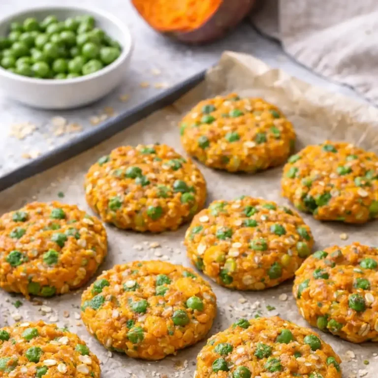 Kleine, runde, goldbraune Kroketten mit grünen Erbsen.