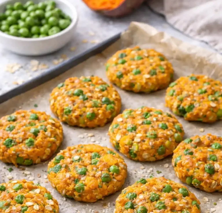 Kekse mit einer Mischung aus Karotten und grünen Erbsen auf einem Backblech.