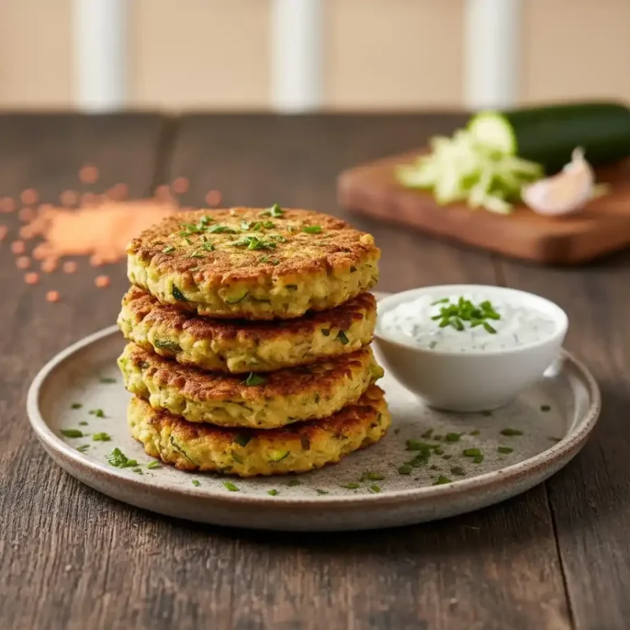 Drei knusprige Gemüse-Patties auf einem Teller mit Joghurtdip und frischen Kräutern.