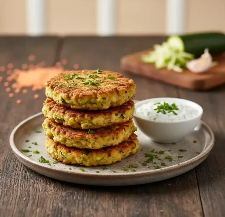 Drei Zucchini-Puffer auf einem Teller mit Kräutern und einer Schale Joghurt.