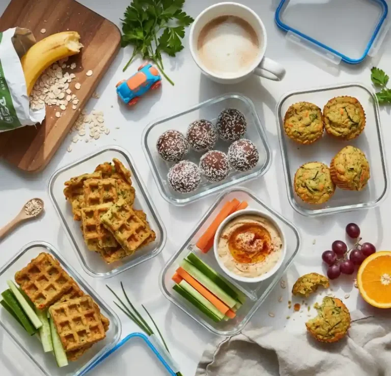 Gesunde Snacks in Glassbehältern: Waffeln, Gemüse, Dips, Obst und Energiekugeln.