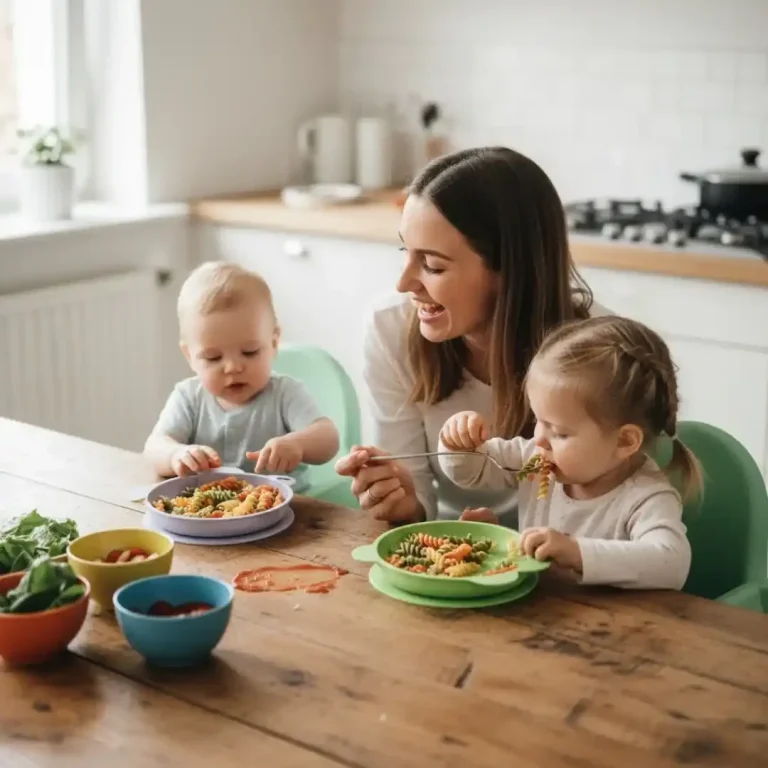 Eine Mutter isst mit zwei kleinen Kindern am Tisch, bunte Schalen mit Essen vor ihnen.