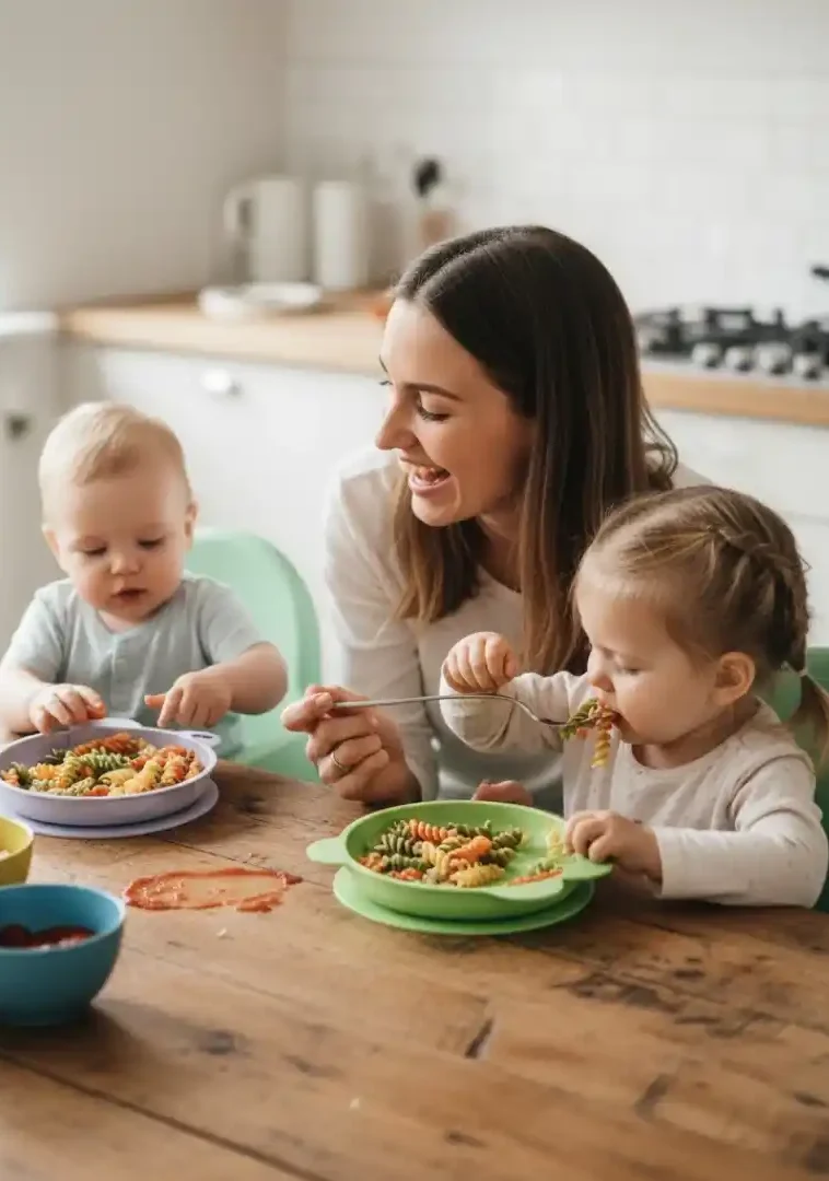 Eine Mutter sitzt mit ihren zwei Kleinkindern am Tisch und isst gesundes Essen.