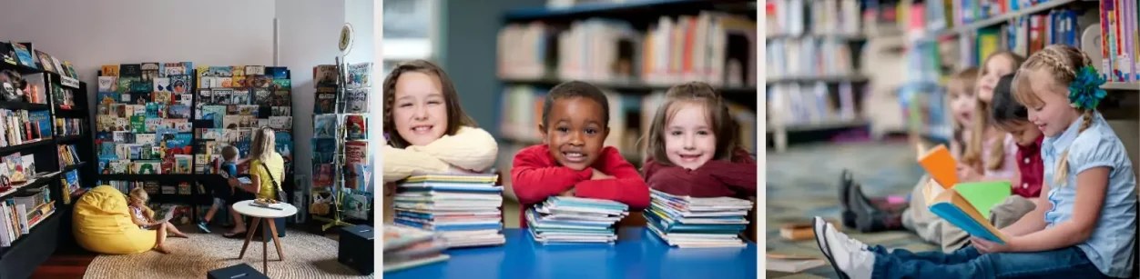 Bunte Bücherregale mit Kindern, die lesen und miteinander lachen.