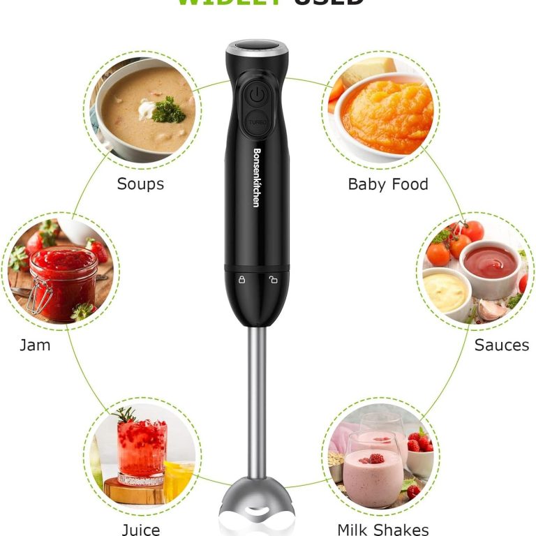 Handmixer in Schwarz mit Anwendungen: Suppen, Babynahrung, Marmelade, Saucen, Smoothies.