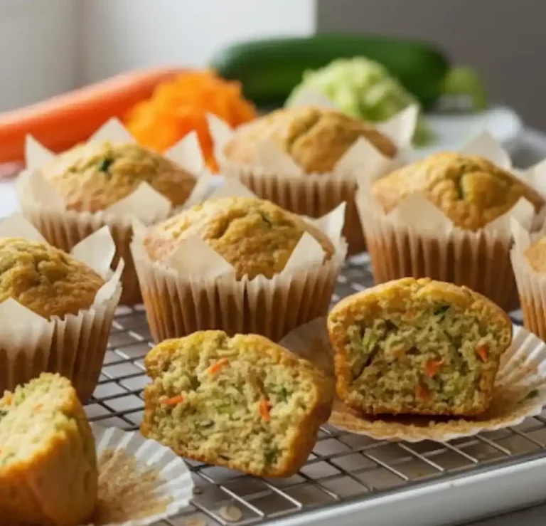 Muffins mit Zucchini und Karotten, auf einem Gitter abgekühlt, davon einer aufgeschnitten.