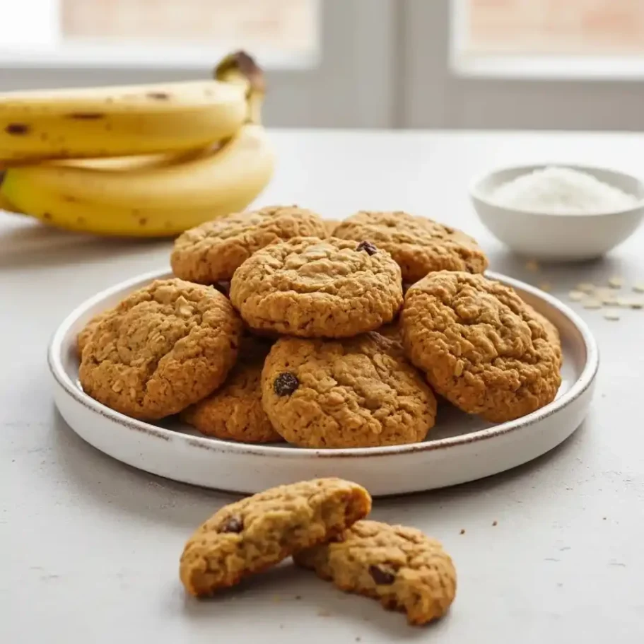 Plattenteller mit Keksen, daneben Bananen und eine Schüssel mit Zucker.