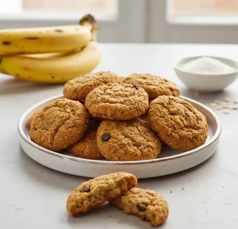 Kekse auf einem Teller mit Bananen und einer Schüssel Zucker im Hintergrund.