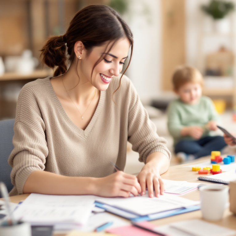 Frau schreibt an einem Tisch, während ein Kind mit Spielzeug im Hintergrund spielt.