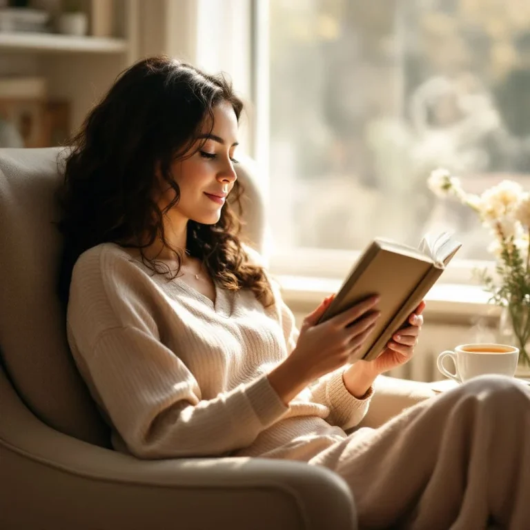 Selbstfürsorge für Mütter Eine Frau sitzt entspannt in einem Sessel und liest ein Buch bei Tageslicht.
