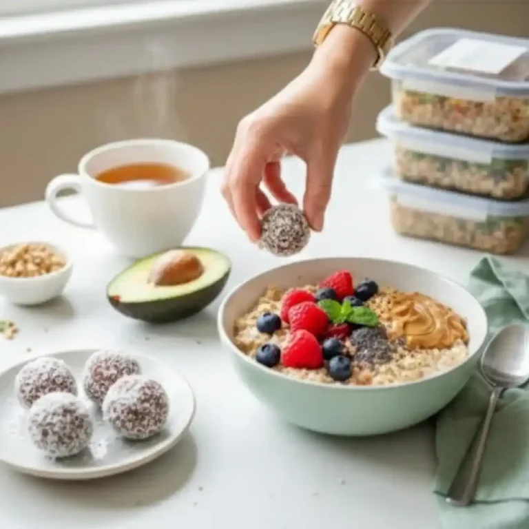 Haferbrei mit Beeren und Nüssen, daneben Energiebällchen und eine Teetasse.