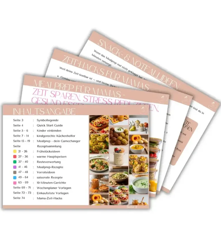 Mehrere Rezeptkarten mit bunten Bildern von Gerichten und einer Liste von Zutaten.