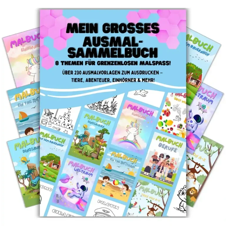 Cover eines Malbuchs mit bunten Bildern von Tieren und Szenen zum Ausmalen.