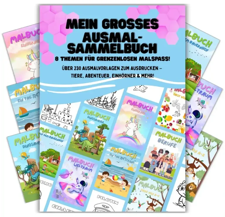 Cover des Ausmalbuchs mit verschiedenen bunten Illustrationen und Titeln.