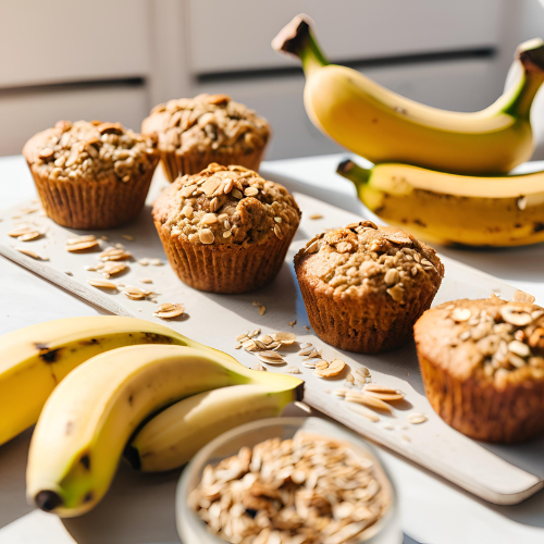 Bananen, Müsliriegel und frische Muffins auf einem Tisch angeordnet.