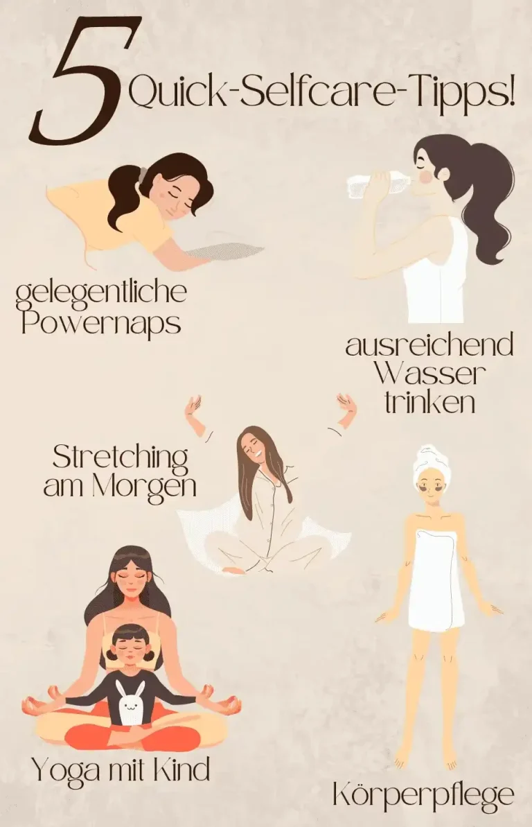 Fünf Tipps zur Selbstpflege: Dehnen, Yoga, Wasser trinken, gesunde Ernährung und Entspannung.