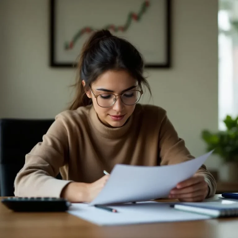 Finanztipps für Mütter Junge Frau mit Brille, die konzentriert an einem Tisch mit Unterlagen arbeitet.