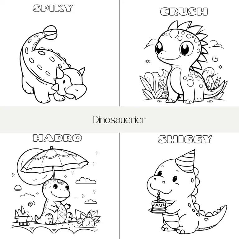 Vier niedliche Dinosaurier-Motive zum Ausmalen: Stumpy, Splash, Hardy und Snuggy.