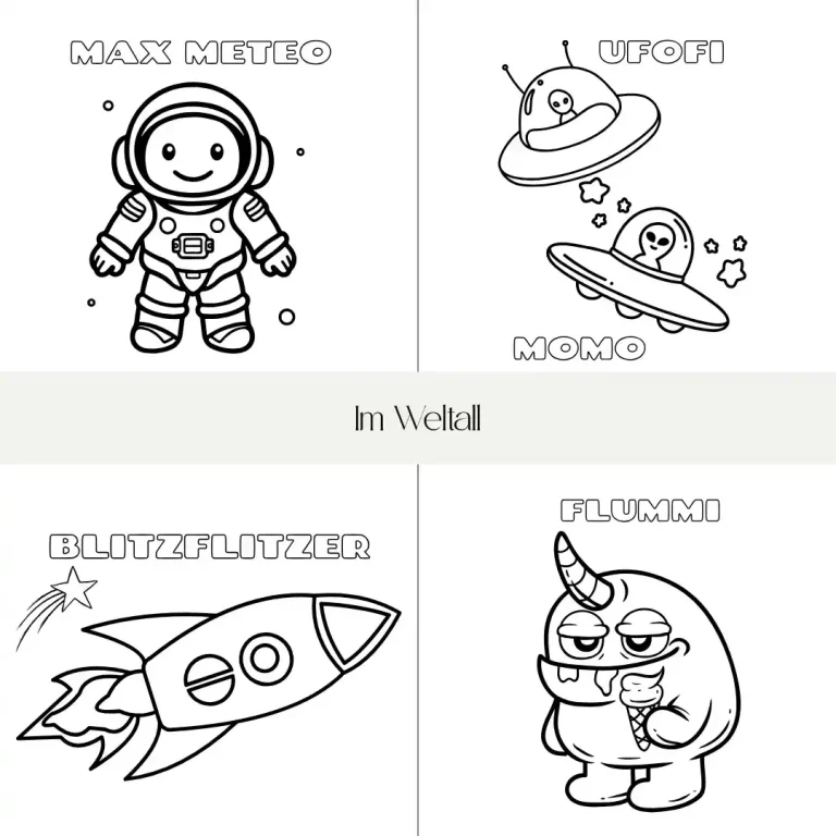 Astronaut, UFOs, Rakete und Comicfigur in einem farbenfrohen Weltraumthema.