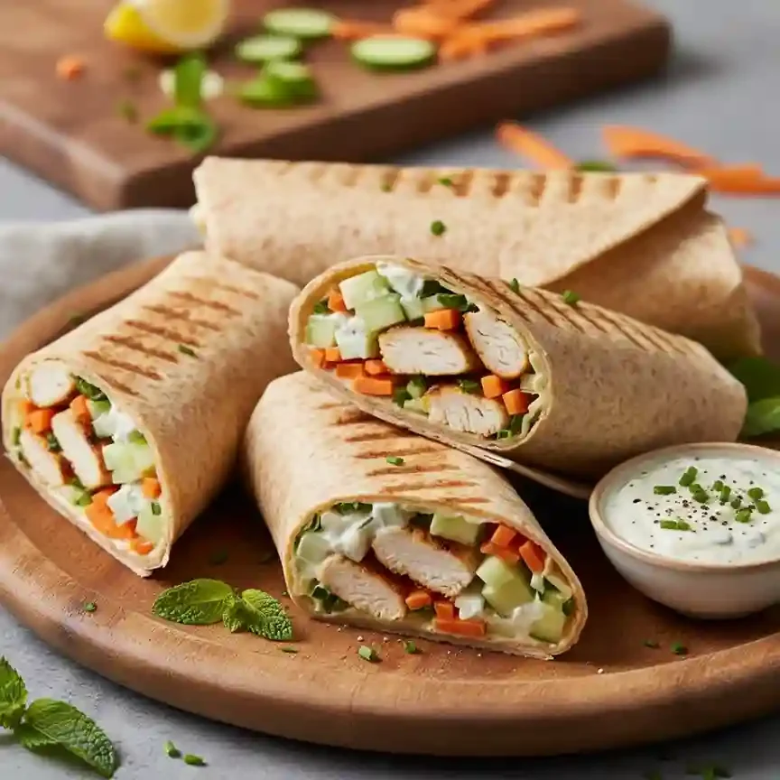 Wickel mit gegrilltem Hähnchen, Gemüse und Dip auf einem Holzbrett.