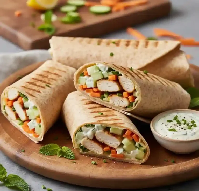 Vollkornwraps mit Hähnchen, Gemüse und Joghurtsauce auf einem Holzbrett.