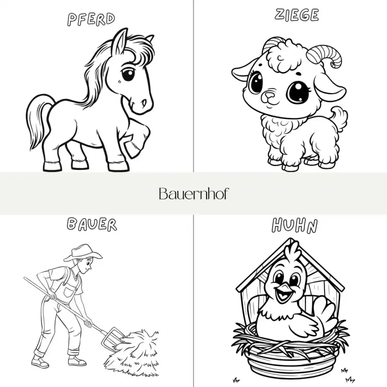 Ein Ausmalbild mit einem Pferd, einem Zicklein, einer Bauernfrau und einem Huhn im Stall.