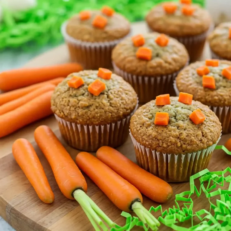 Karotten-Muffins mit orangefarbenen Karottenstückchen auf einem Holzbrett.