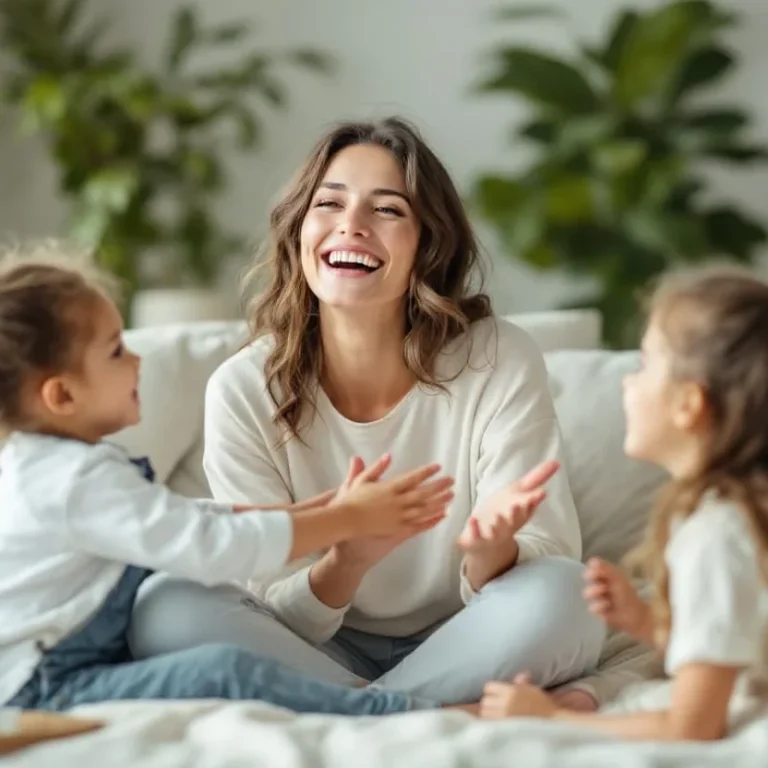 Lächelnde Frau sitzt auf dem Sofa und spielt mit zwei Kindern.
