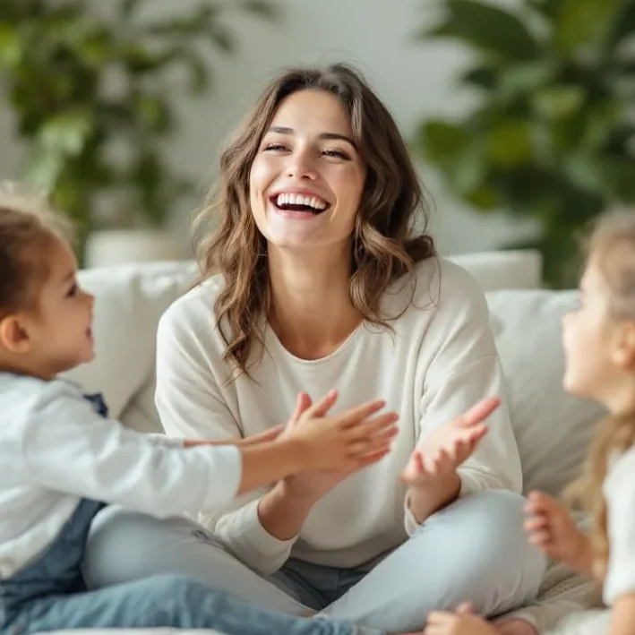 Frau sitzt auf der Couch und lacht mit zwei Kindern, umgeben von Pflanzen.