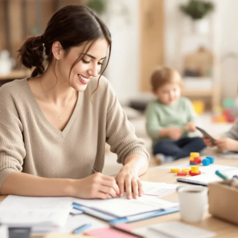 Frau schreibt an einem Tisch, während ein Kind mit Spielzeug im Hintergrund spielt.