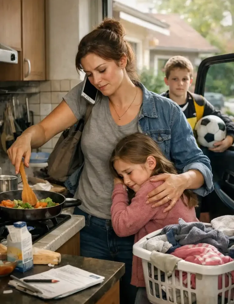Frau kocht in der Küche, während sie ein Kind umarmt und am Telefon spricht. Junge mit Fußball im Hintergrund.