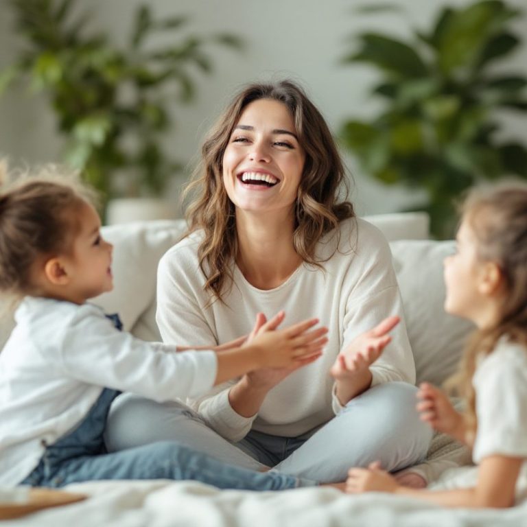 Lächelnde Frau sitzt auf dem Sofa und spielt mit zwei Kindern.