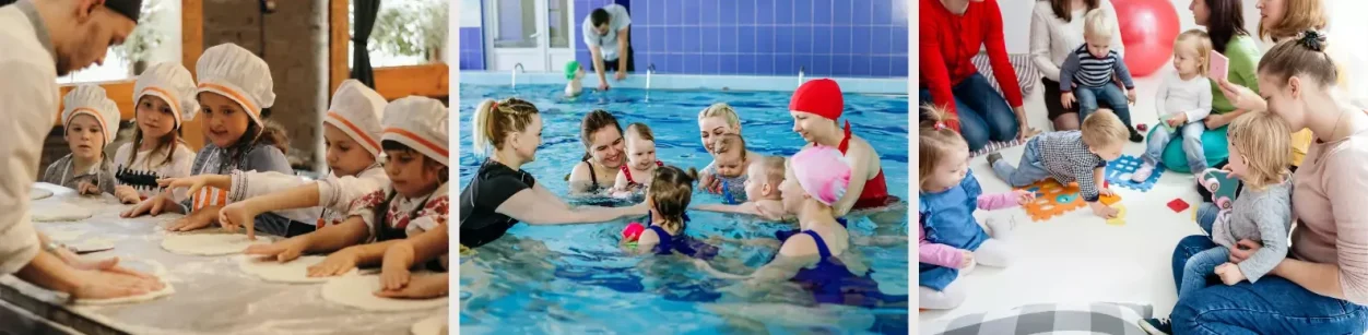 Kinder bei verschiedenen Aktivitäten: Basteln, Schwimmen und Spielen in Gruppen.