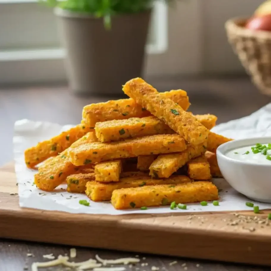Knusprige, goldbraune Pommes auf einem Holzbrett, serviert mit einer weißen Sauce.