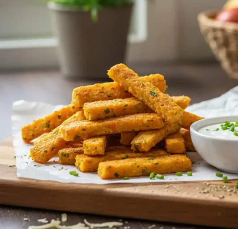 Krosse, goldbraun gebratene Sticks auf einem Holzbrett mit Kräuterdip.