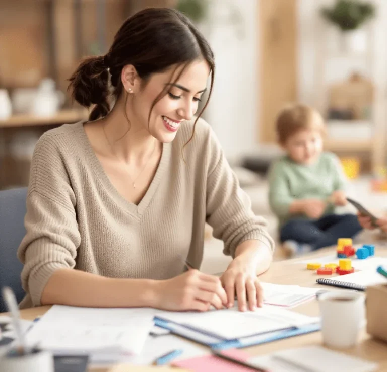 Frau beim Schreiben an einem Tisch, im Hintergrund ein Kind mit Spielzeug.
