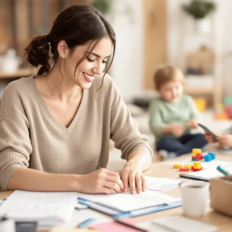 Frau sitzt an einem Tisch und arbeitet, während ein Kind im Hintergrund spielt.