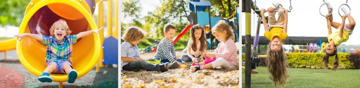 Kinder spielen fröhlich auf einem Spielplatz, rutschen, buddeln und schwingen.