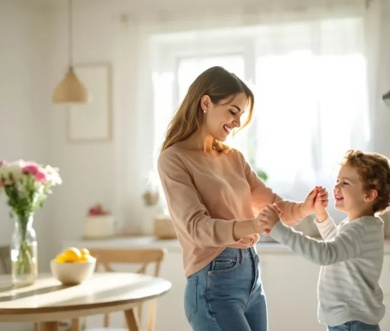 Eine Mutter tanzt fröhlich mit ihrem kleinen Sohn in einer hellen Küche.