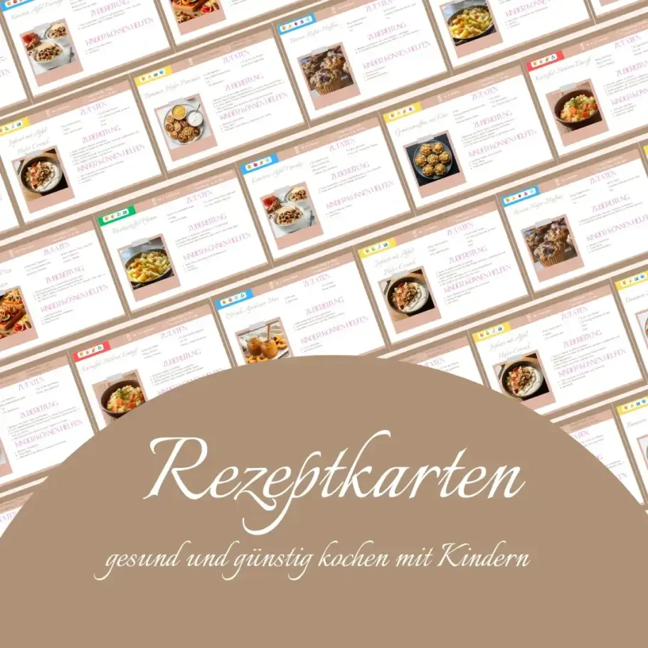 Kollektion von Rezeptkarten für kinderfreundliche Gerichte.