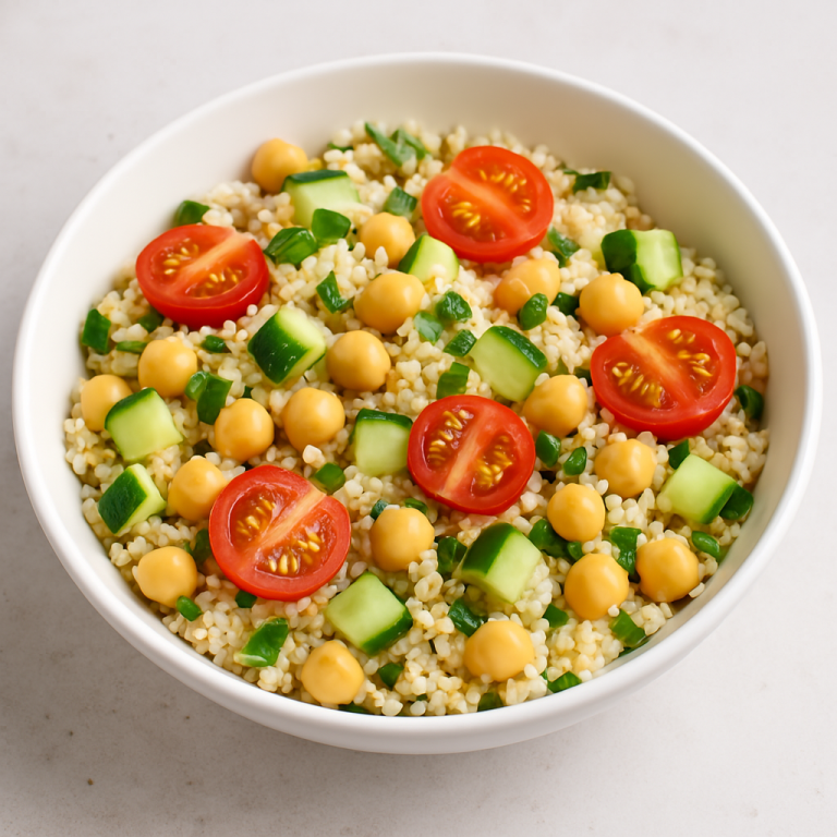 Bowl mit Couscous, Kichererbsen, Gurken und Cherrytomaten.