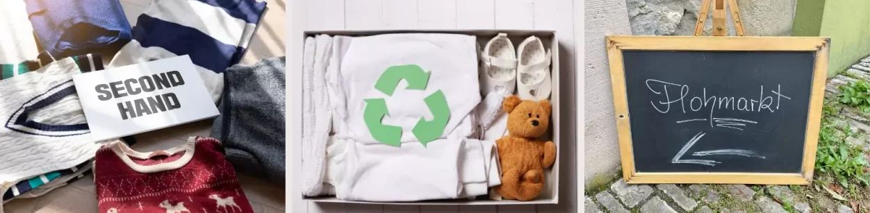 günstige Spielsachen finden Sammlung von Kleidung, recyceltem Material und einer Tafel mit Text.